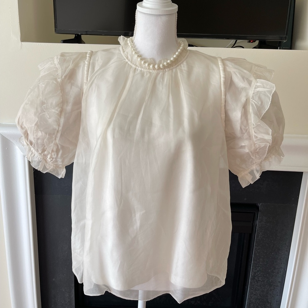 NEW Sea NY Silk Organza Blouse Top Sz Medium $450 Ivory Puff Sleeve Ruff…